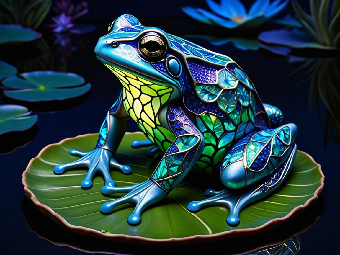 Vibrant Frog on Lily Pad with Mosaic Colors and Flowers