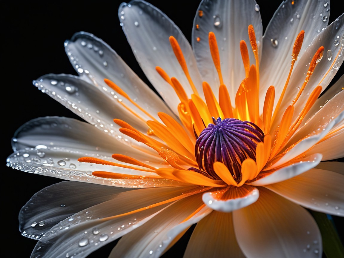 Close-up of a water lily with white petals and droplets