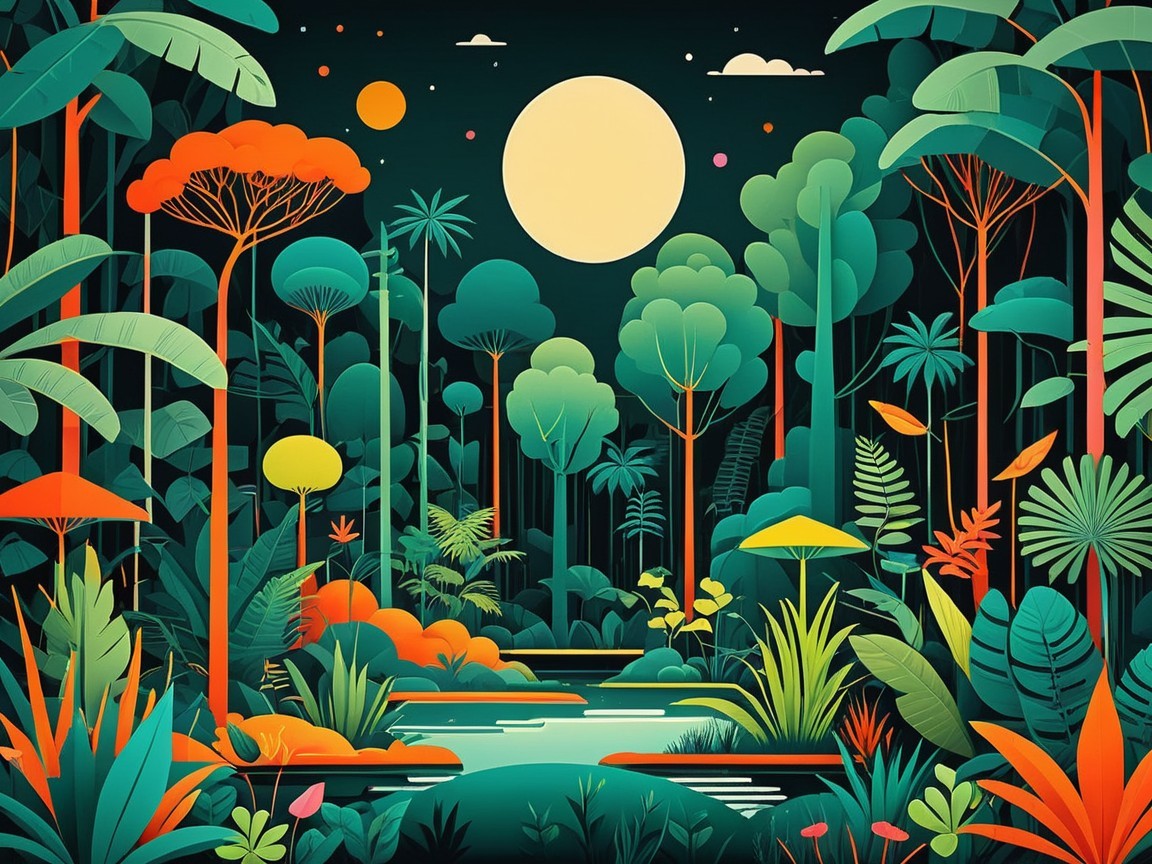 Vibrant Flat Illustration of a Night Jungle Scene