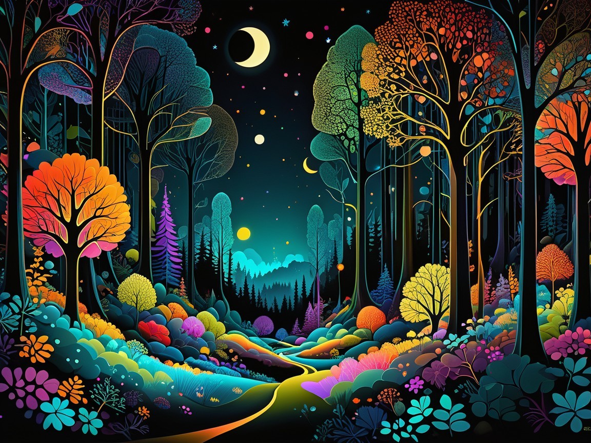 Enchanting Forest Scene Under Starry Night Sky