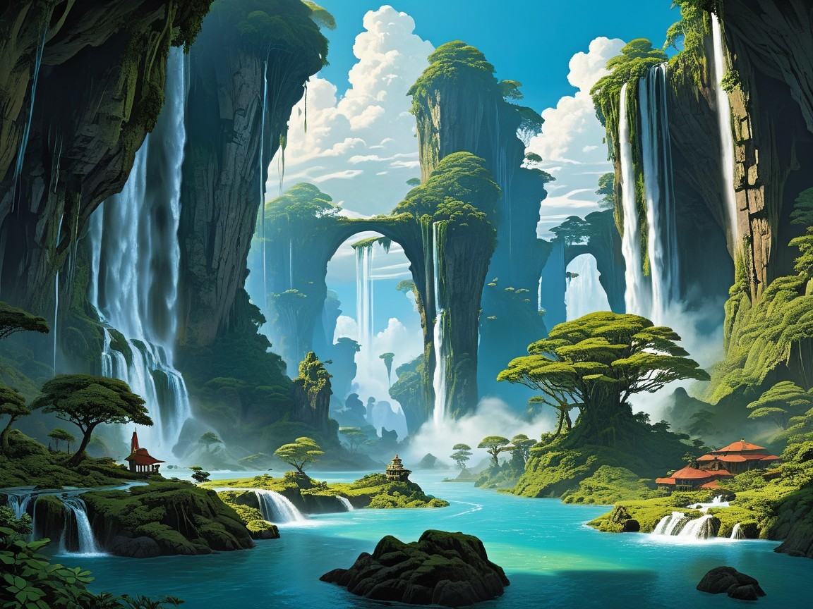 Fantastical Landscape with Rugged Mountains and Waterfalls