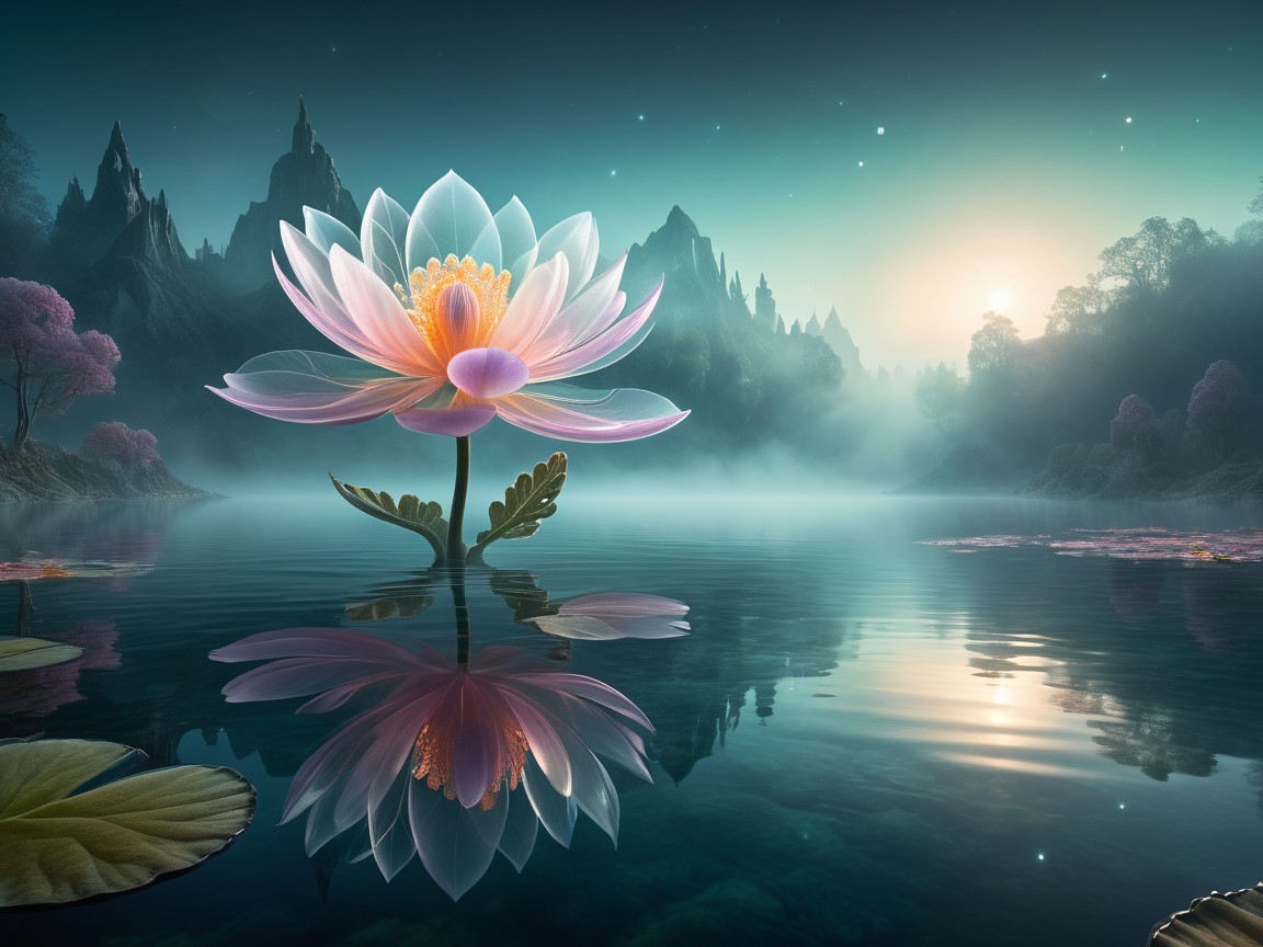 Ethereal Lotus Flower on Tranquil Lake at Sunrise
