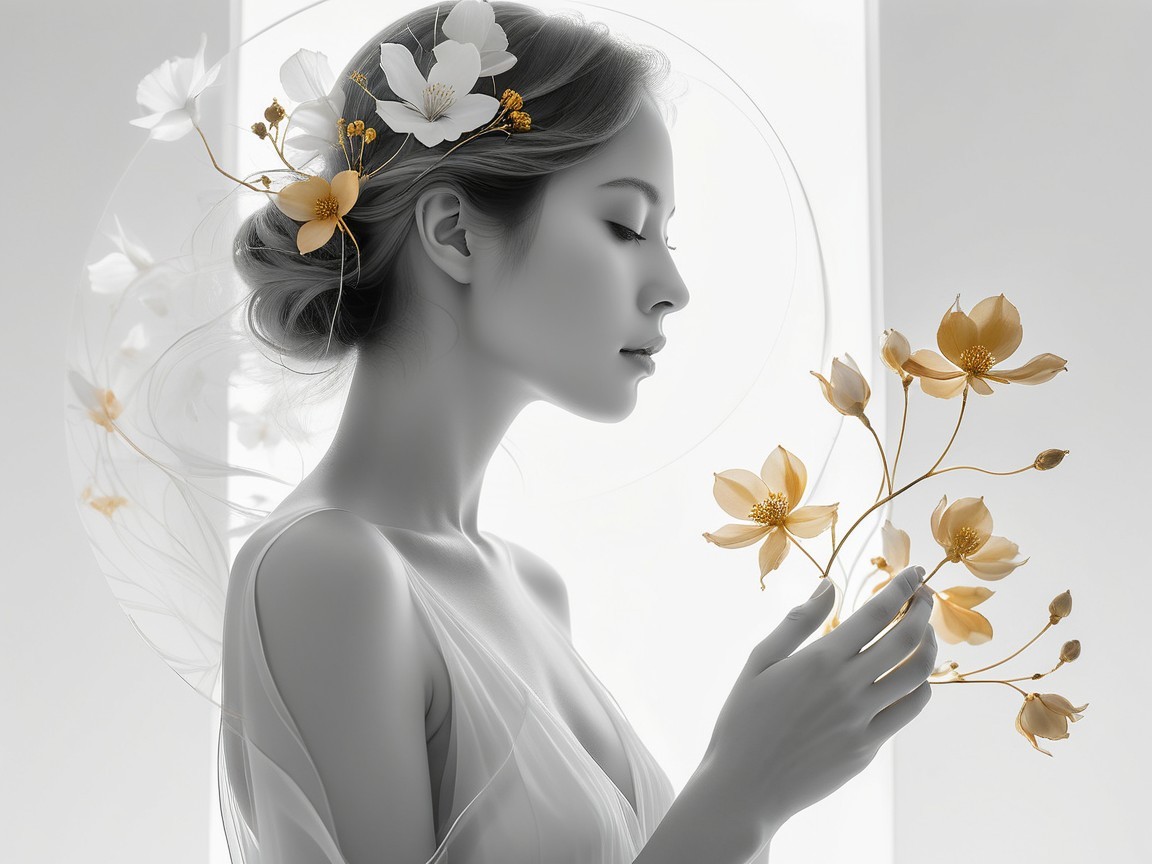 Serene Profile Portrait of a Woman with Flowers