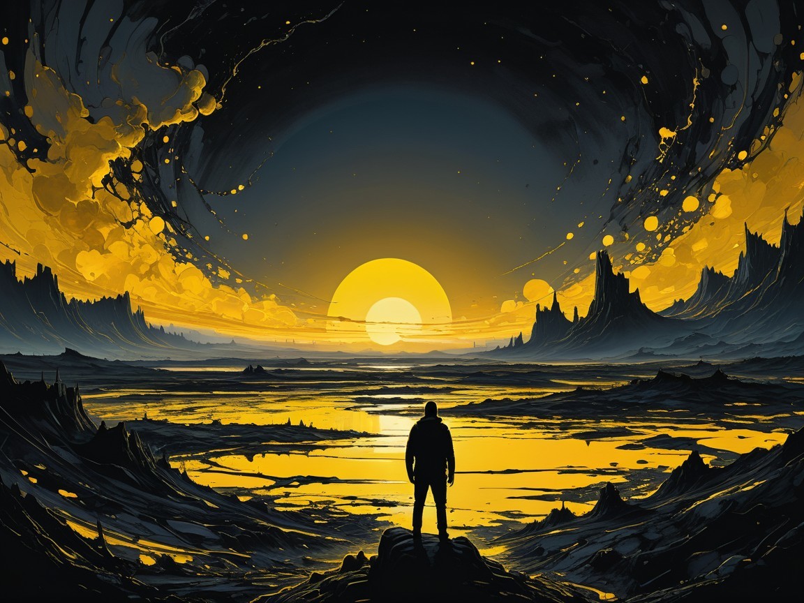 Lone Figure in Otherworldly Sunset Landscape