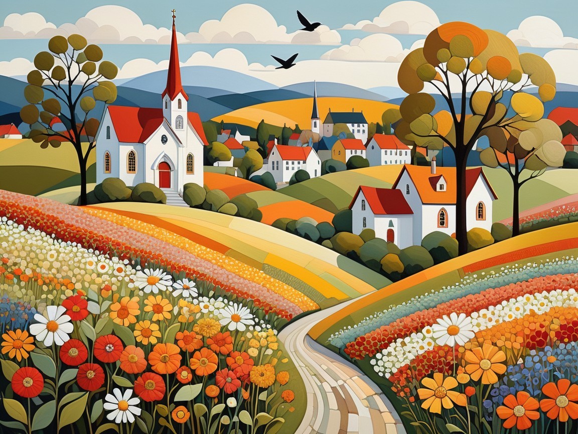 Vibrant Countryside with Quaint Village and Flowers