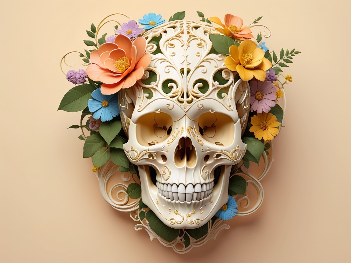 Ornate 3D Sugar Skull with Colorful Floral Details