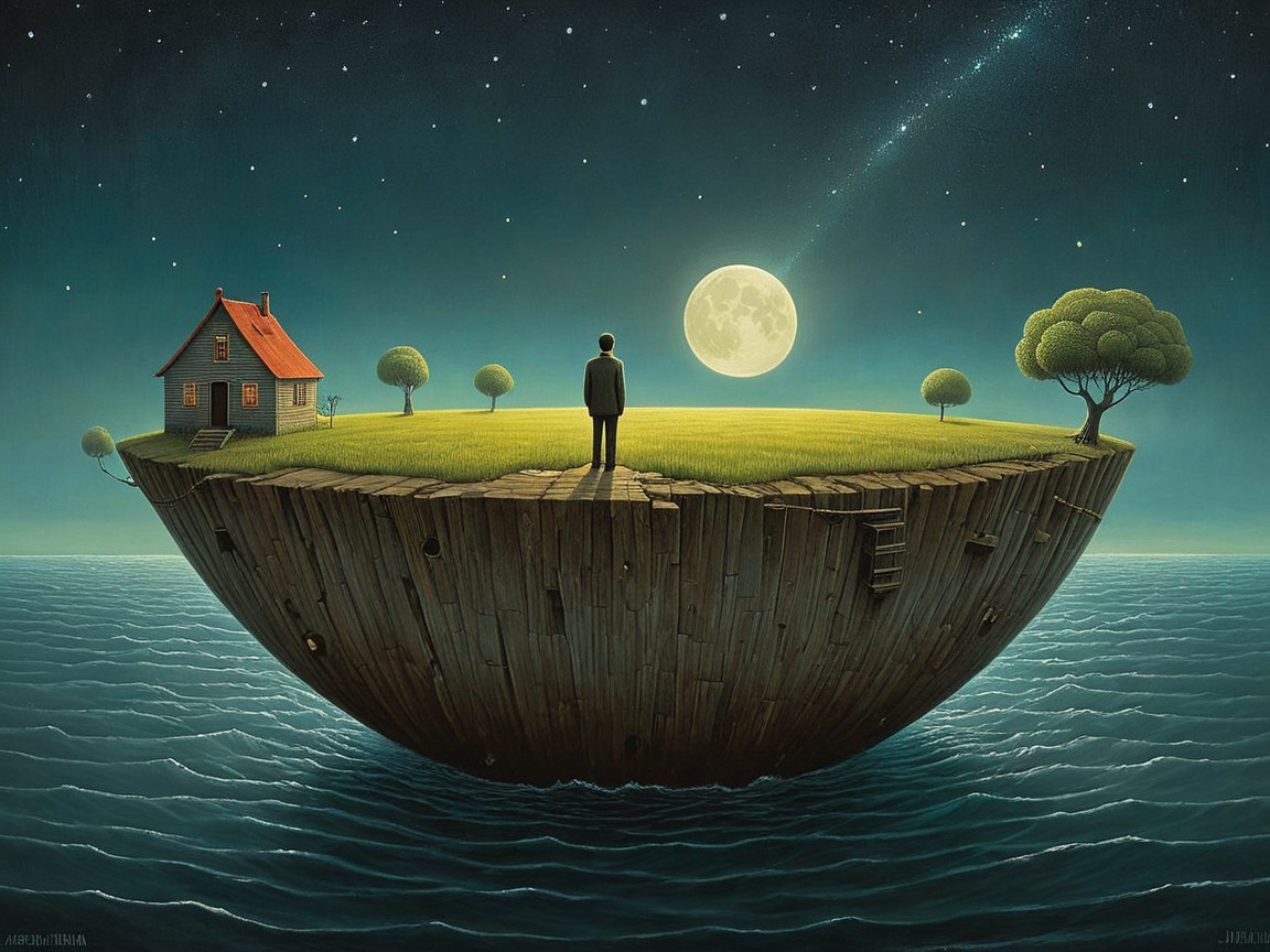 Surreal Scene of a Figure on a Floating Island