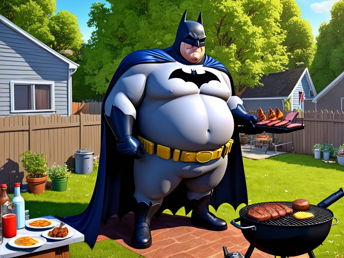 Chubby Superhero at Backyard Barbecue Grill