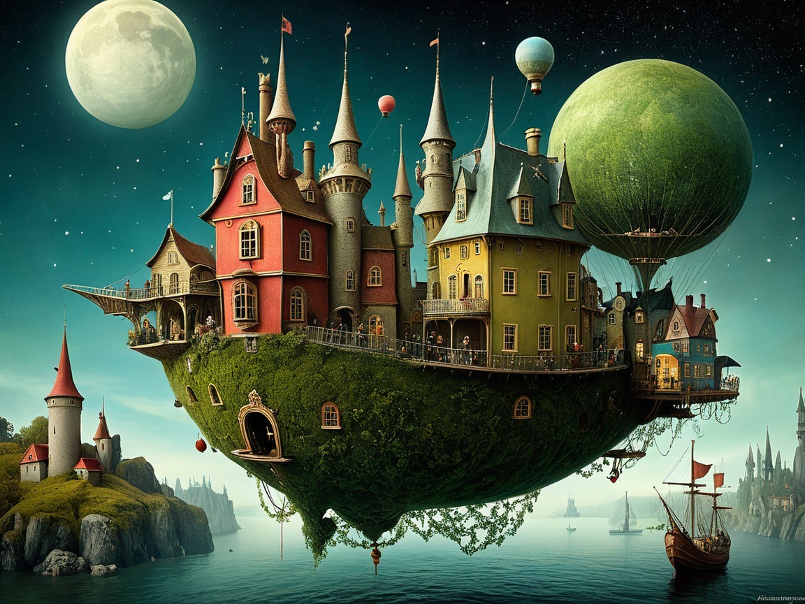 Floating Castle on a Lush Island with Hot Air Balloons