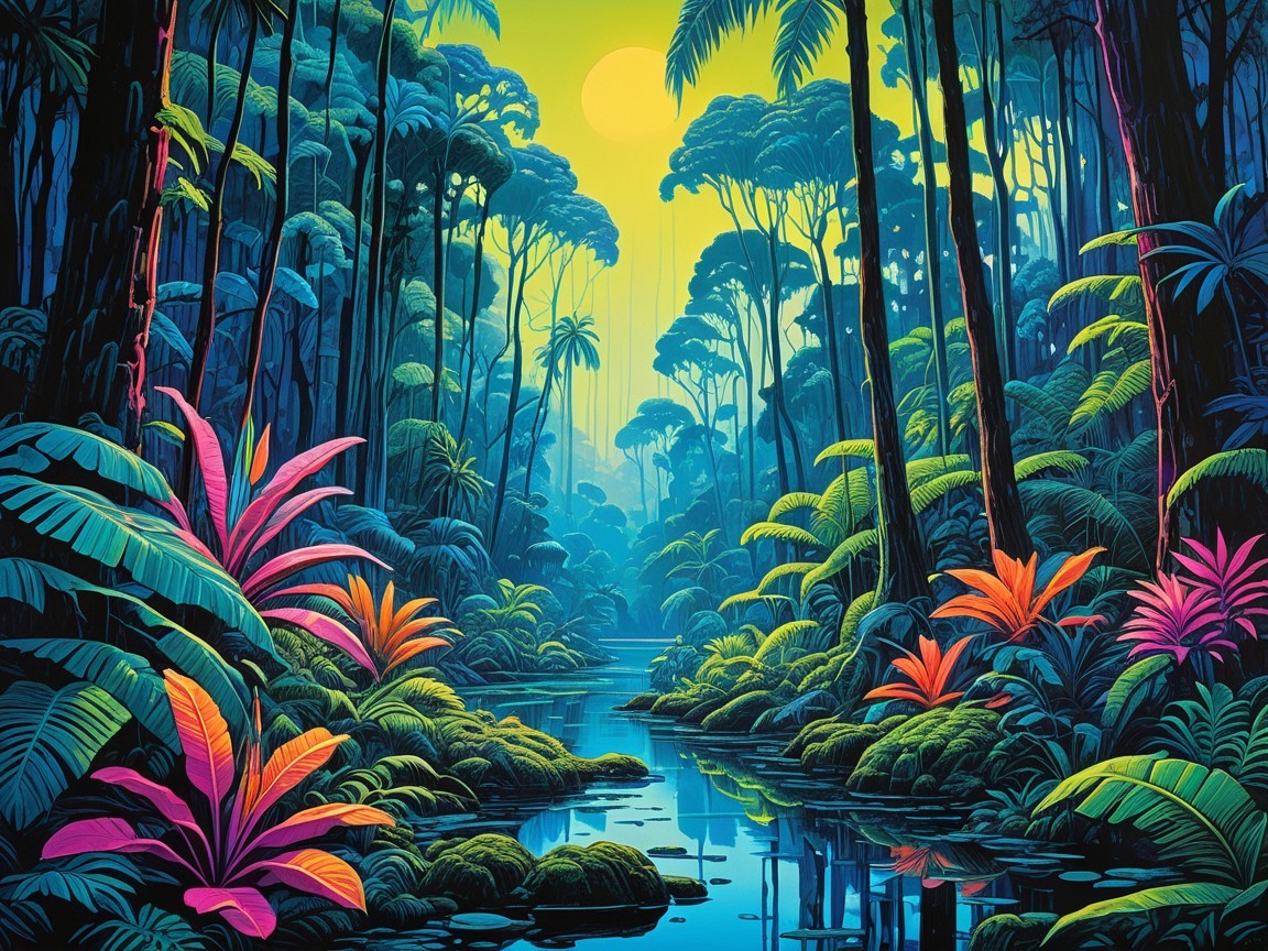 Vibrant Tropical Jungle at Twilight with Lush Foliage