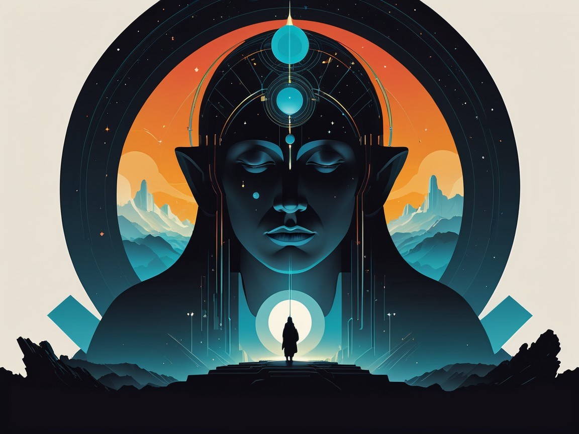 Serene Large-Faced Figure in Vibrant Mystical Landscape
