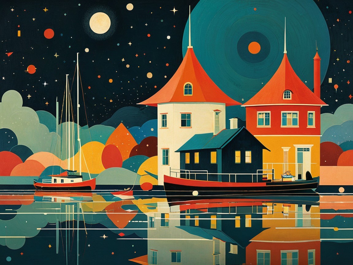 Whimsical Houses and Starry Night Illustration