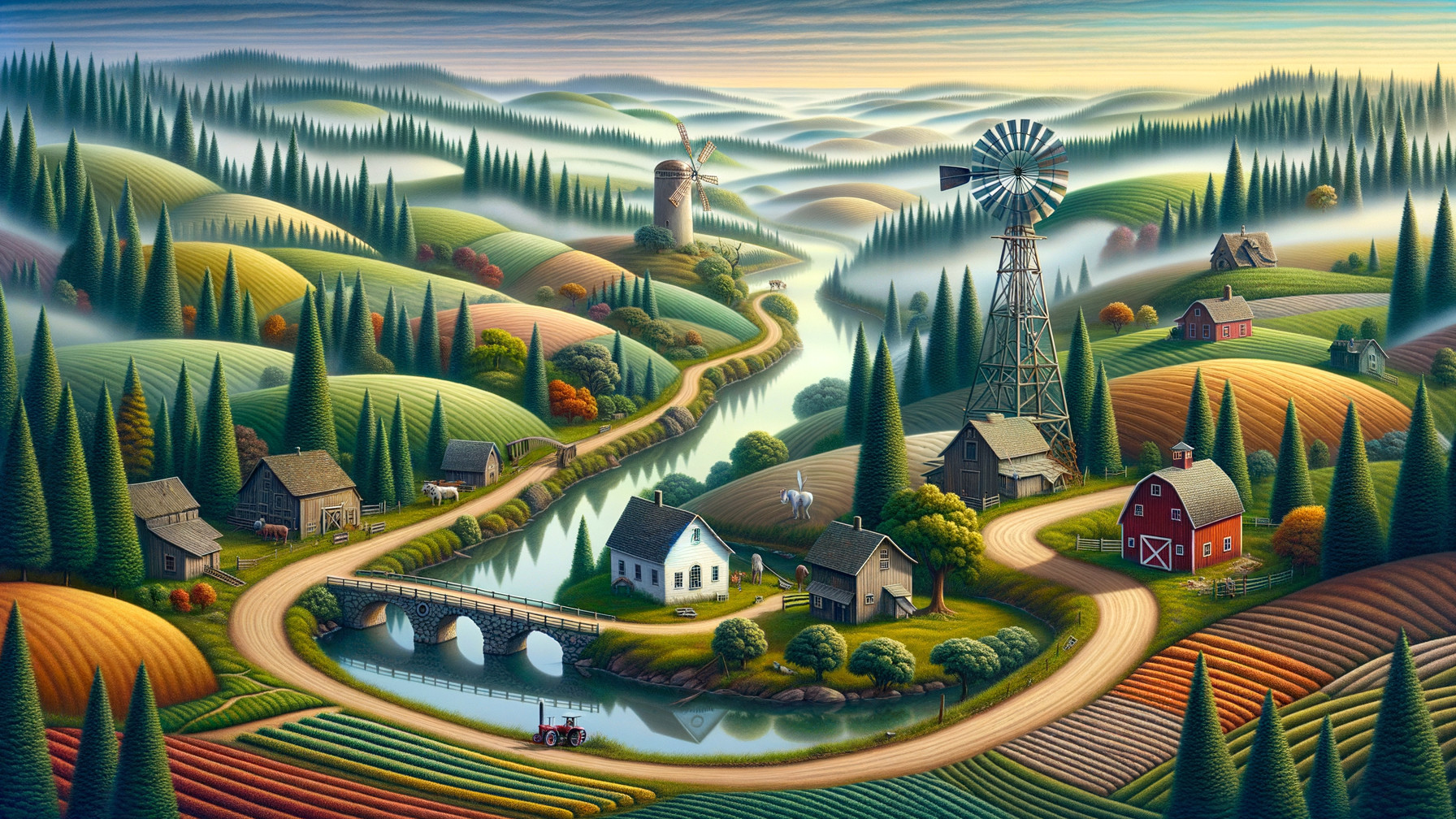 Vibrant Rural Landscape with Rolling Hills and River