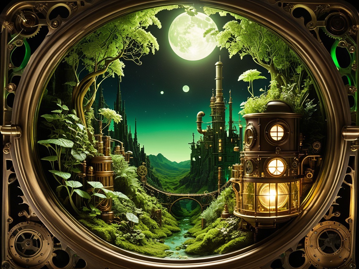 Ornate Window View of Steampunk Landscape at Night