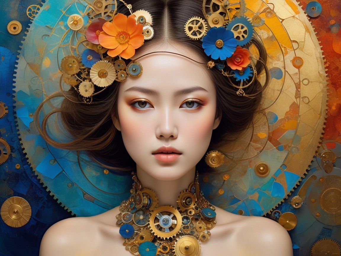 Steampunk Woman with Gear Accessories in Vibrant Setting