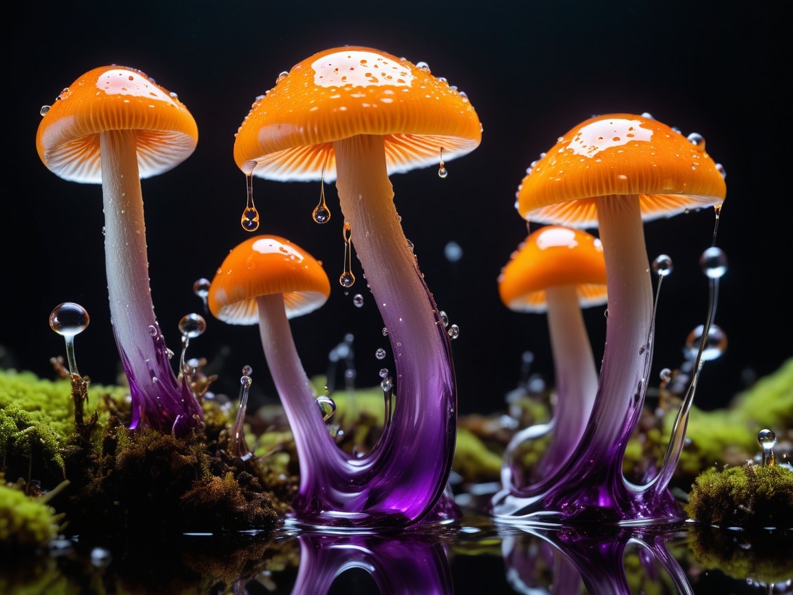 Vibrant Orange Mushrooms on Dark Background with Moss