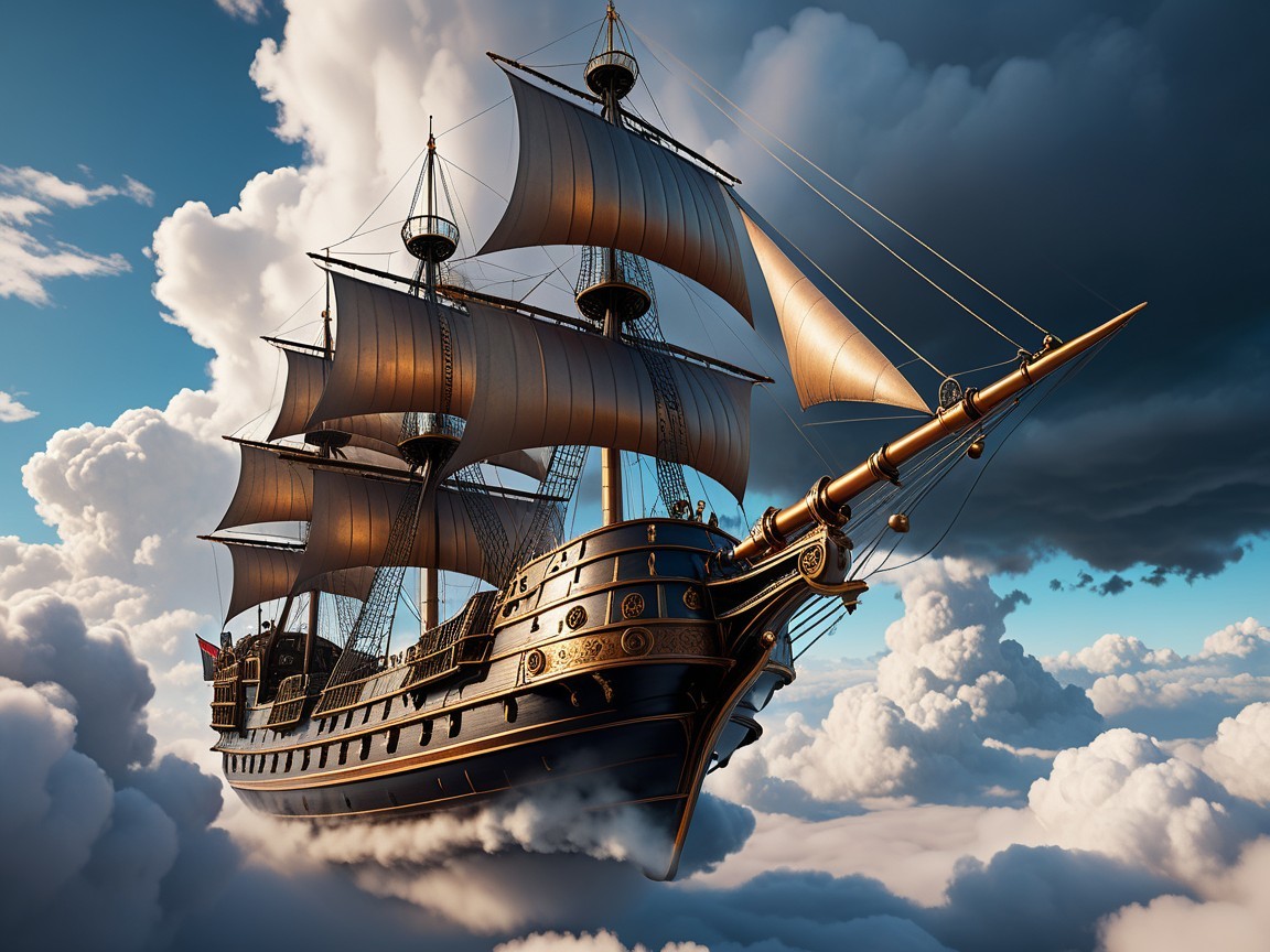 Ornate ship sailing through fluffy clouds in sunlight