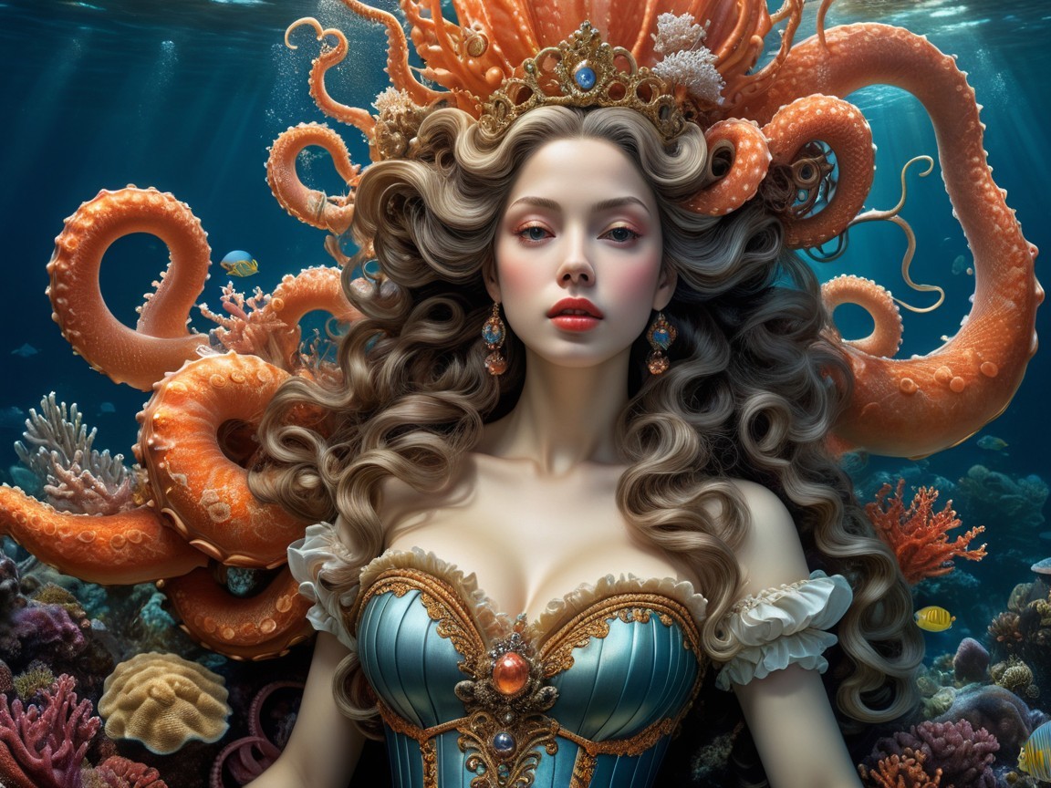Underwater Scene with Mermaid and Vibrant Marine Life