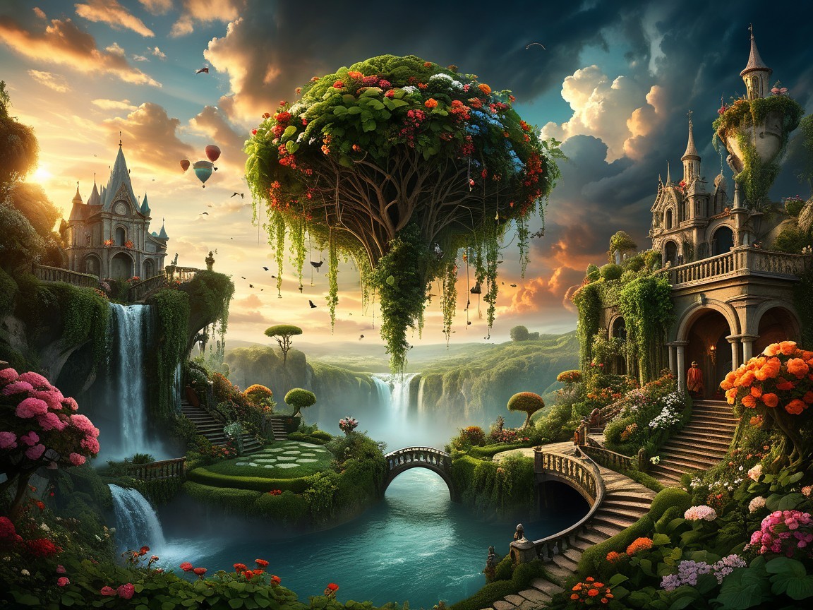 Fantasy Landscape with Floating Tree and Castle