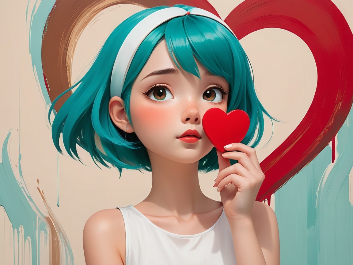Young girl with turquoise hair and heart-shaped object