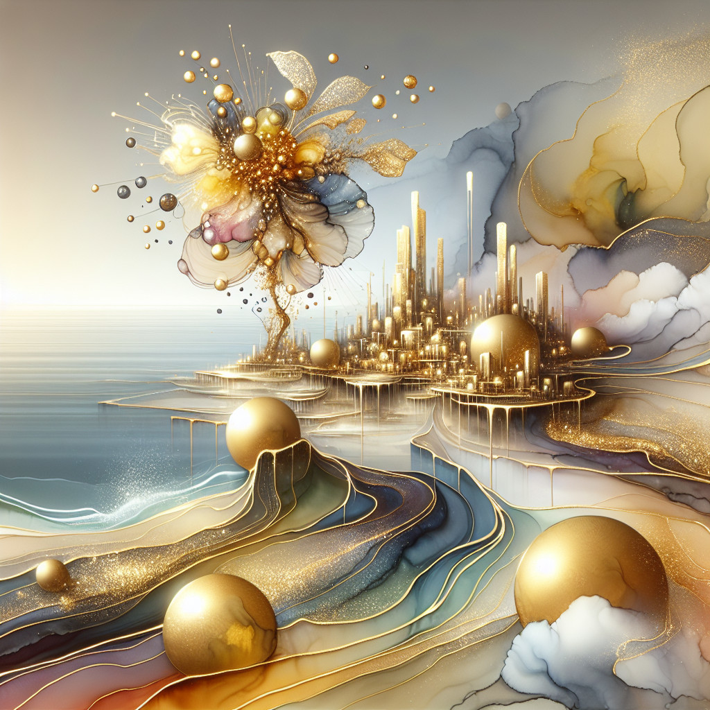 Surreal Landscape of Golden City and Vibrant Flowers