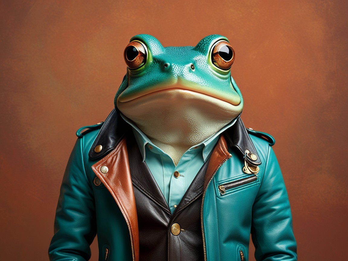 Anthropomorphic frog in stylish leather jacket