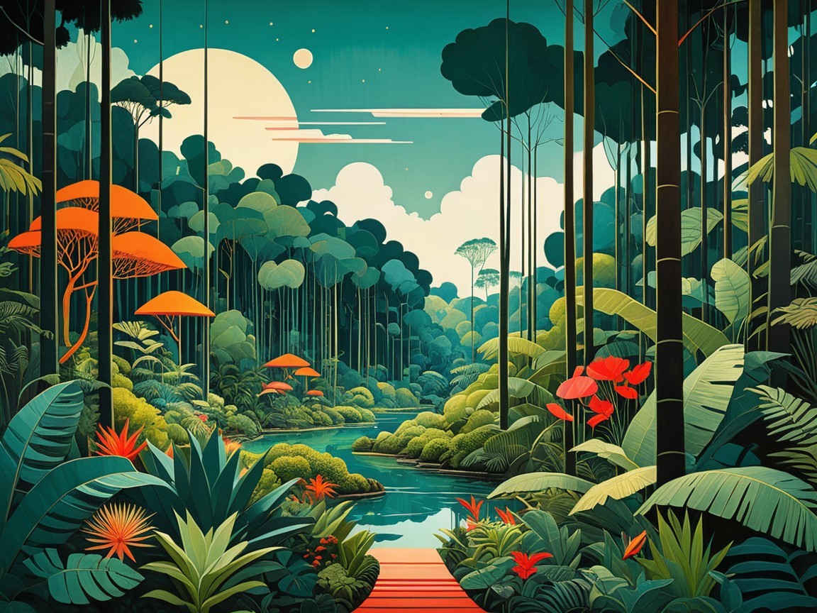 Vibrant Forest Scene with River and Glowing Moon