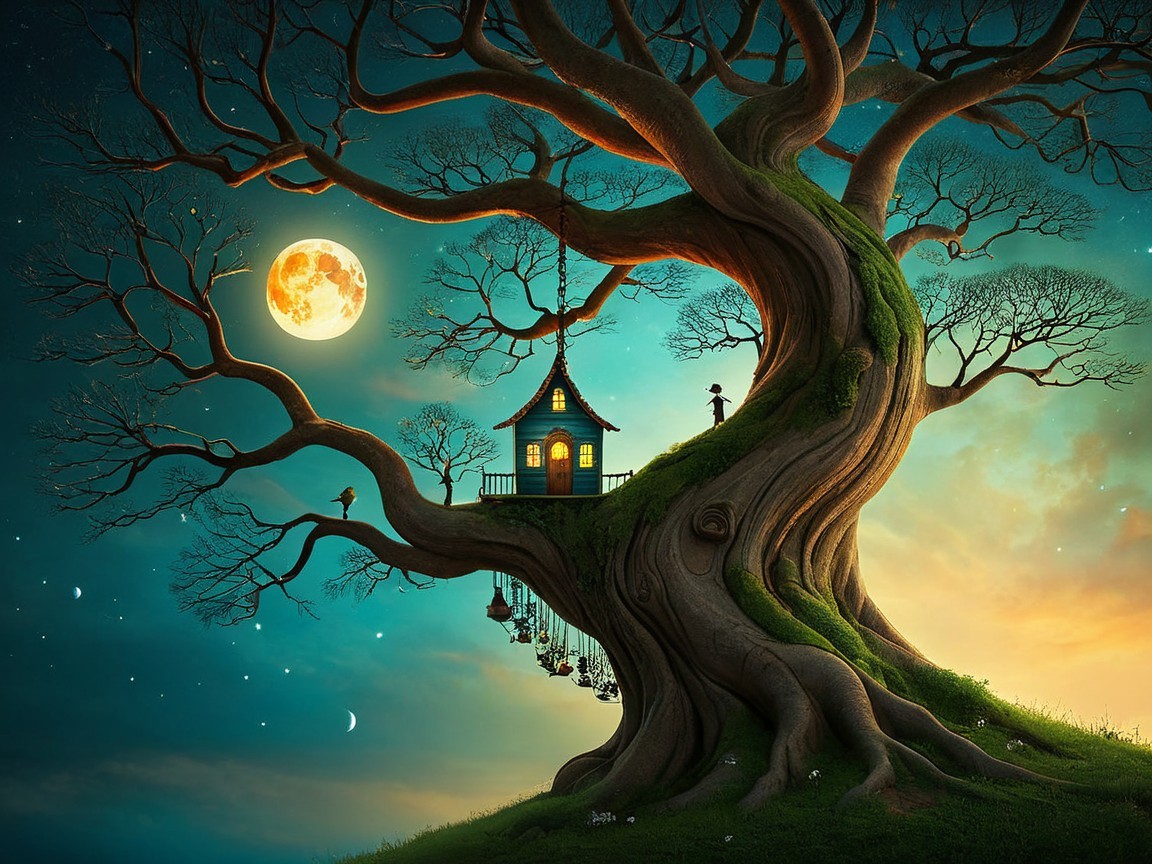Whimsical Treehouse Scene Under Starry Sky