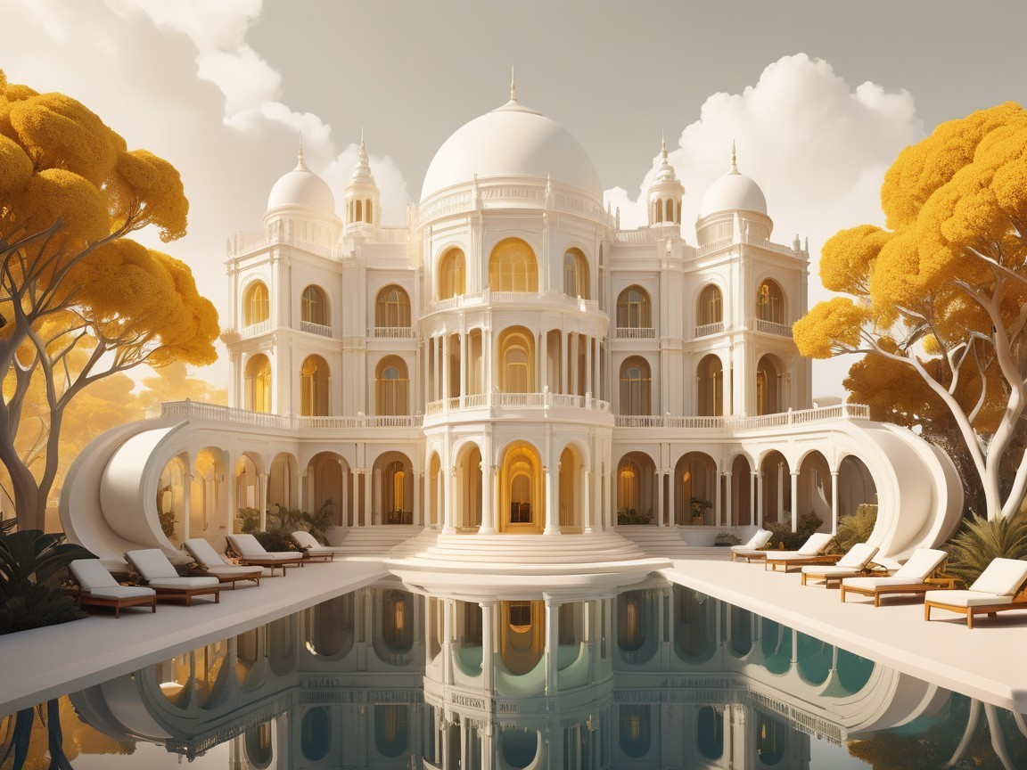 Elegant White Mansion by Serene Pool with Lush Trees