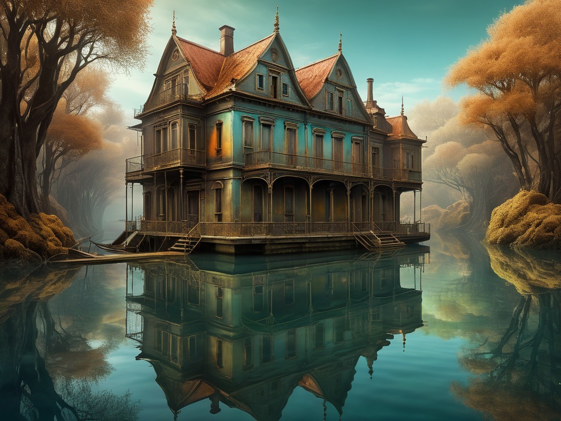 Detailed Painting of a Teal Manor by a Tranquil Lake