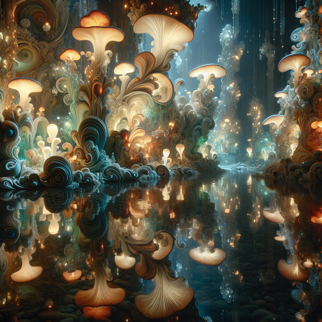 Surreal Landscape with Intricate Mushrooms and Lights