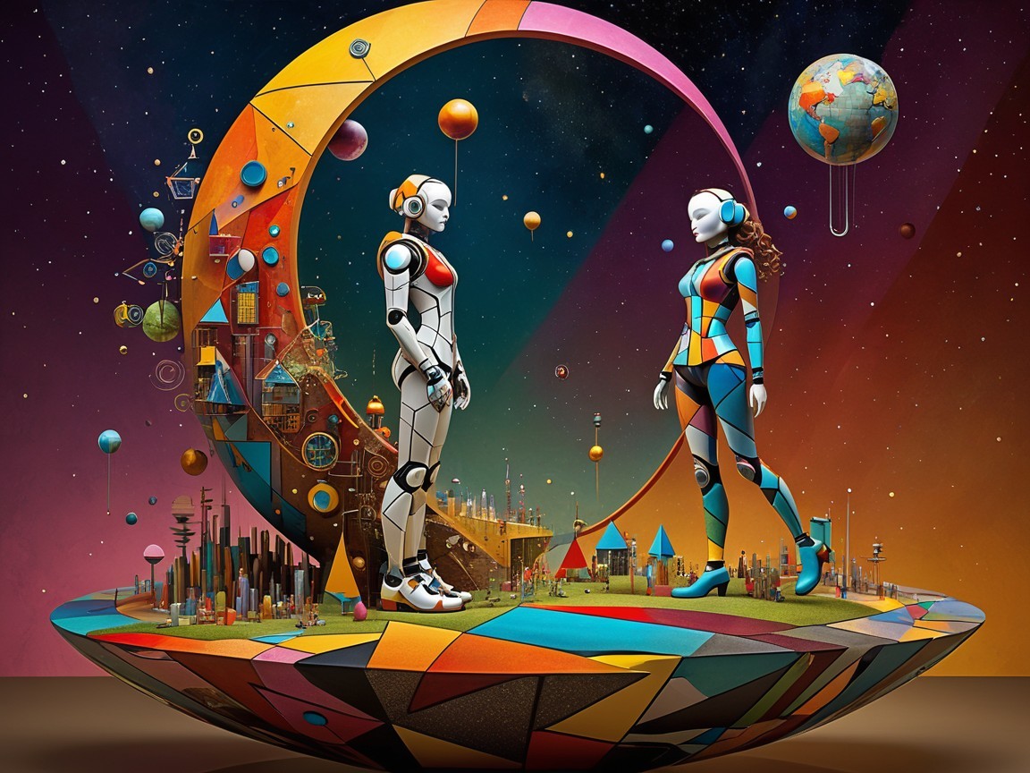 Futuristic Humanoids on Crescent Moon Platform