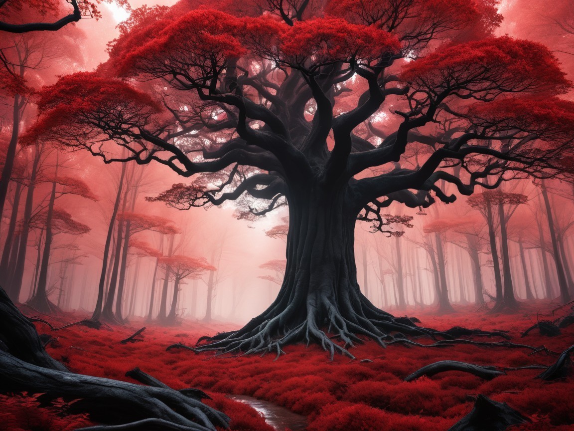 Mystical Forest with Gnarled Tree and Red Leaves