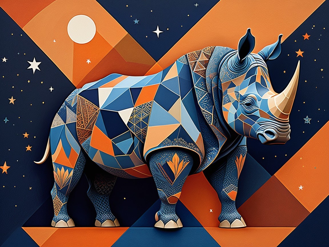 Geometric Rhino Composition at Night with Colorful Background