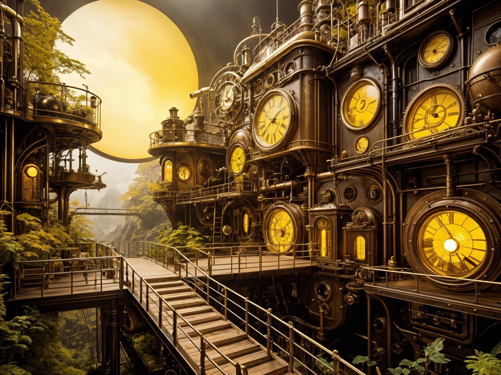 Steampunk Landscape with Intricate Buildings and Sun