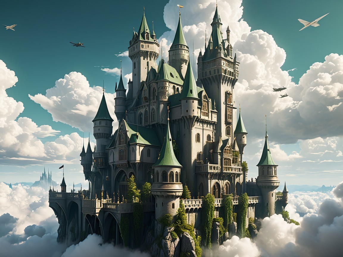 Castle on a Rocky Precipice with Turrets and Clouds
