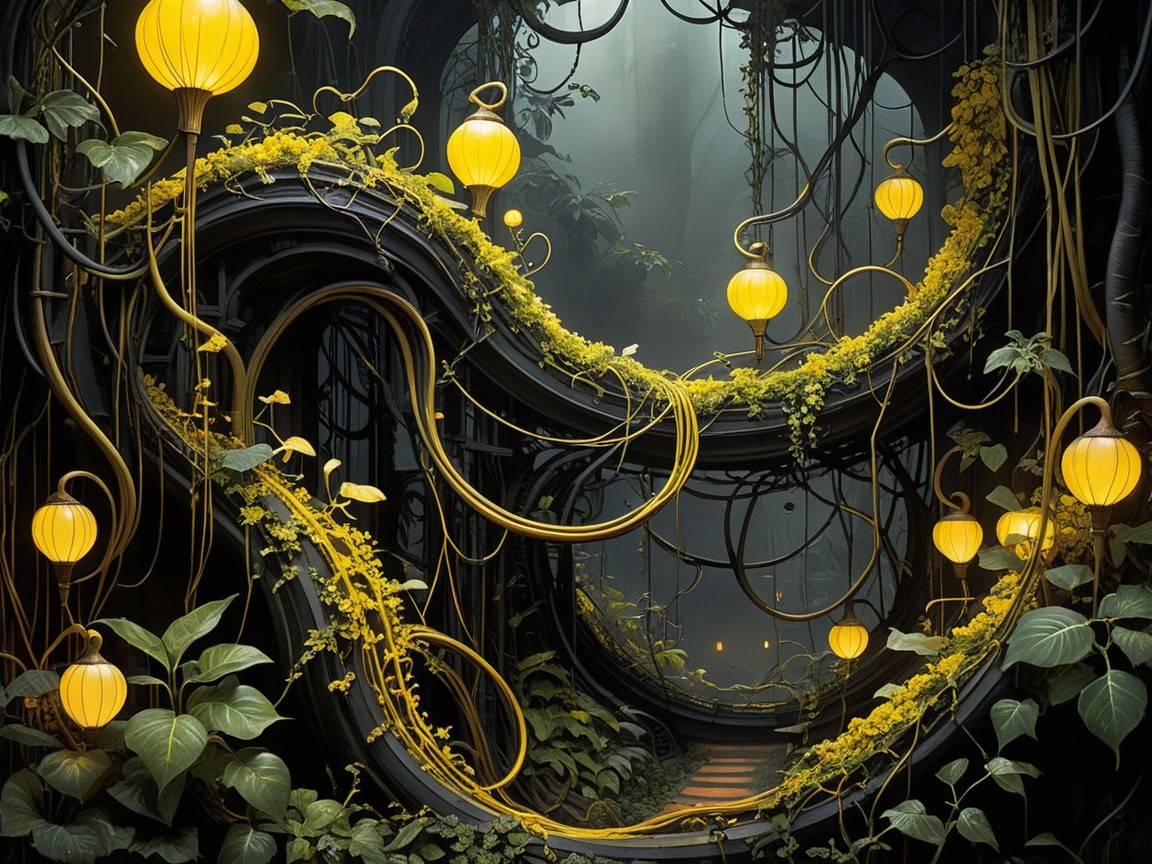 Mystical Pathway with Glowing Lanterns and Foliage