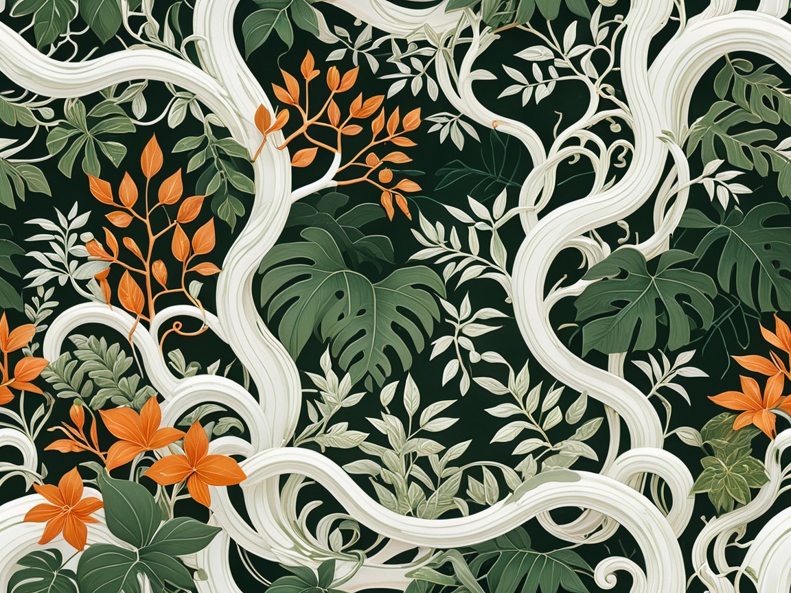 Botanical Illustration of Leaves and Flowers on Black