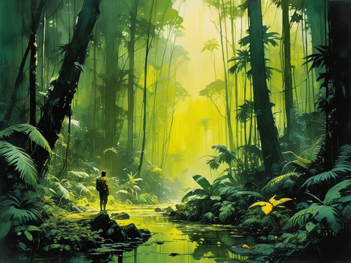 Lone Traveler by a Tranquil Jungle Stream