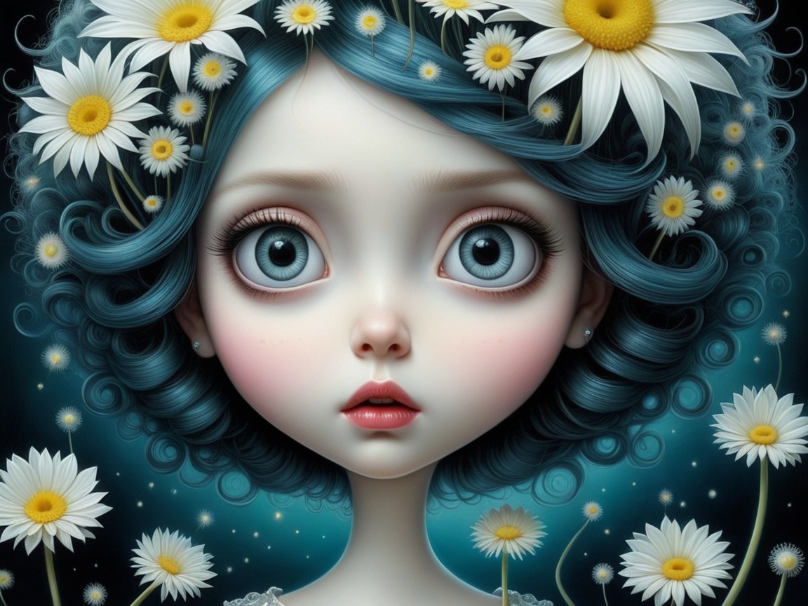 Whimsical girl with daisies and starry background