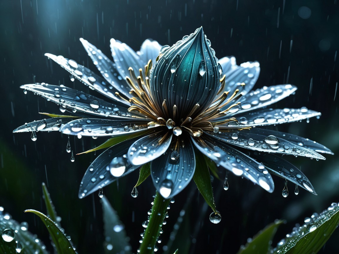 Intricate Blue and Silver Lotus Flower with Raindrops