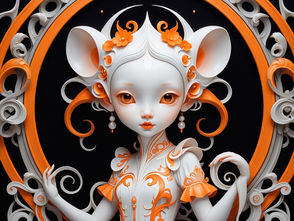 Whimsical Character with Floral Motifs and Swirling Backdrop