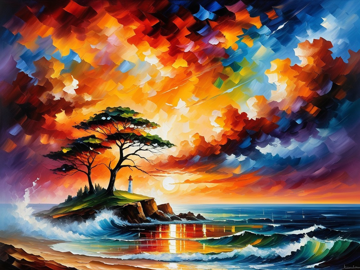 Vibrant Sunset Seascape with Island and Lighthouse