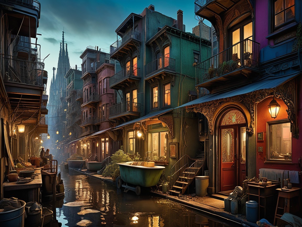 Charming Dusk Street with Colorful Buildings and Canal