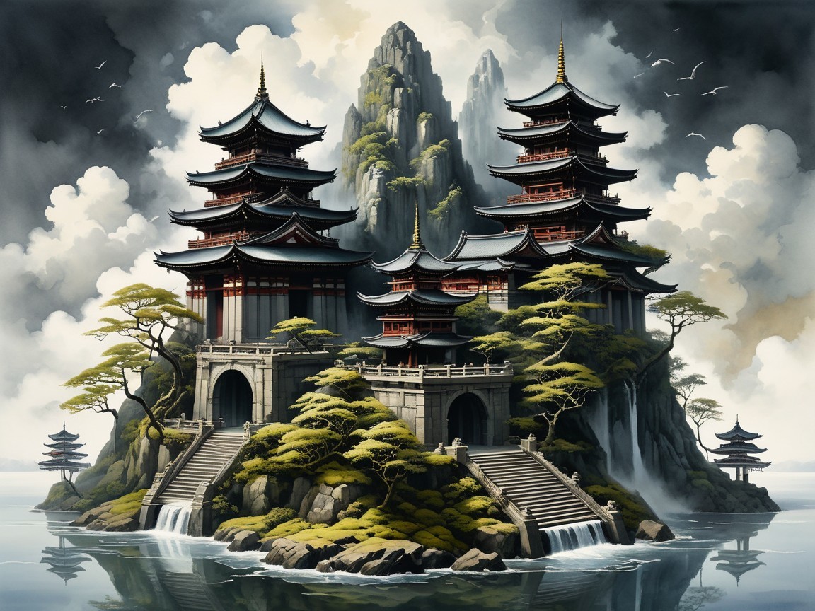 Majestic Pagoda on Rocky Island Surrounded by Nature