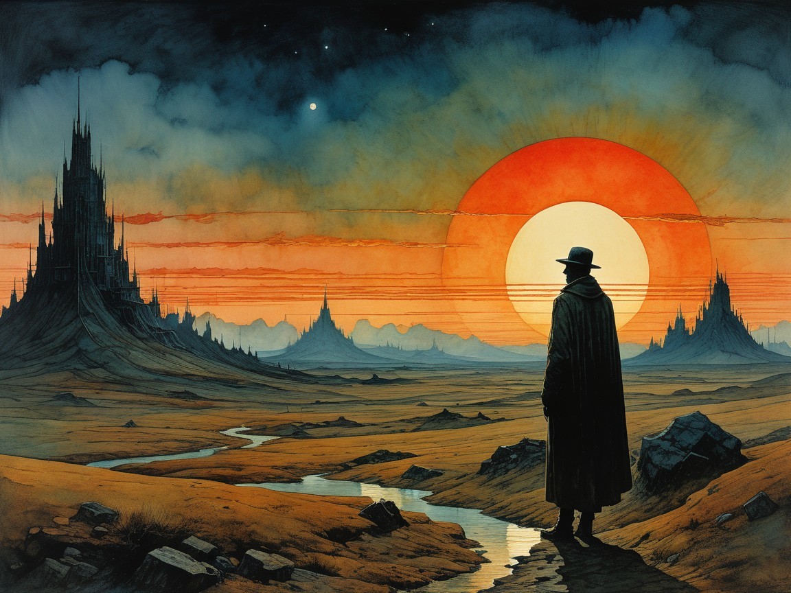 Lone Cloaked Figure at Sunset Over Majestic Mountains