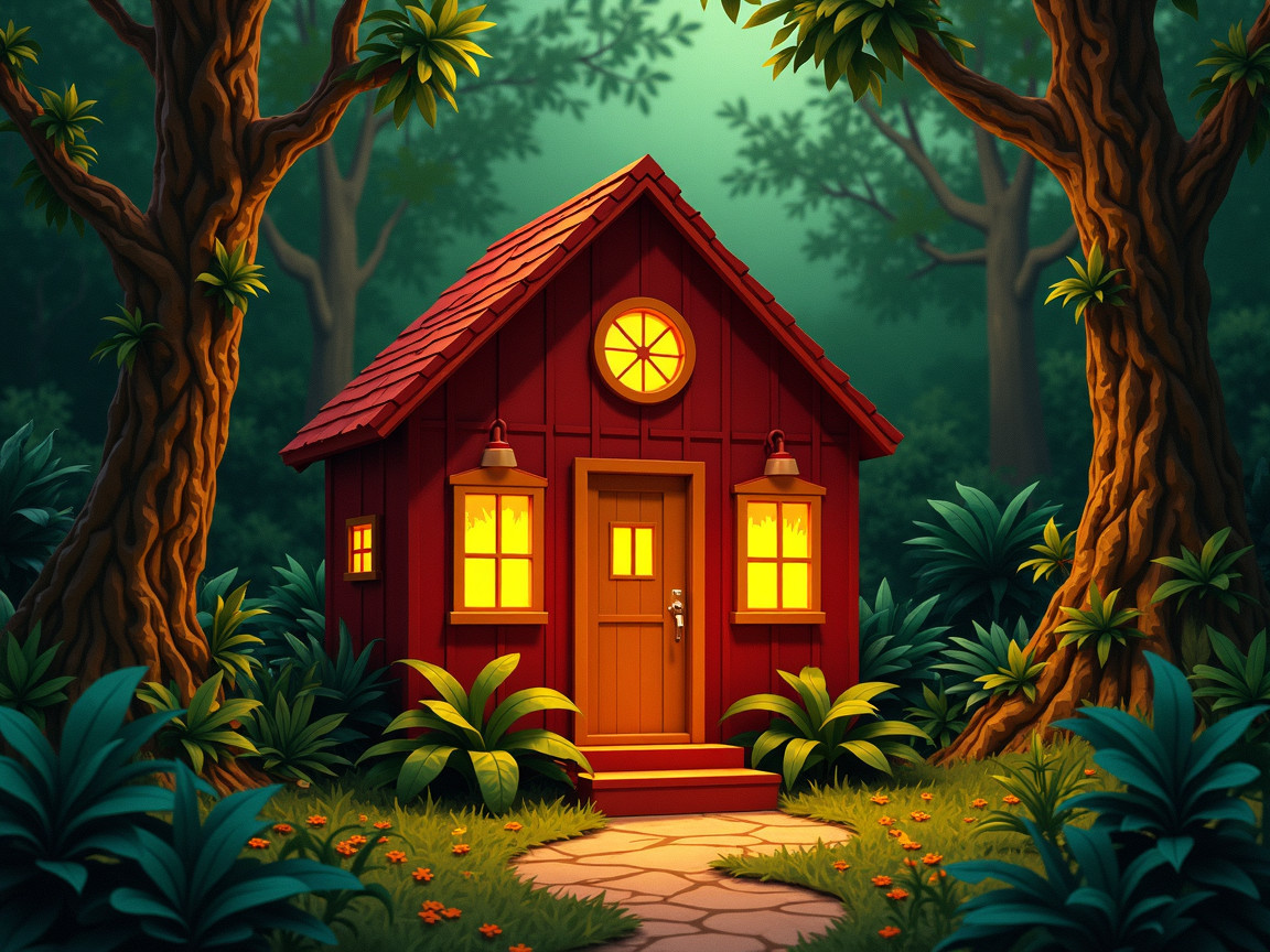 Red Cottage in a Lush Green Forest Setting
