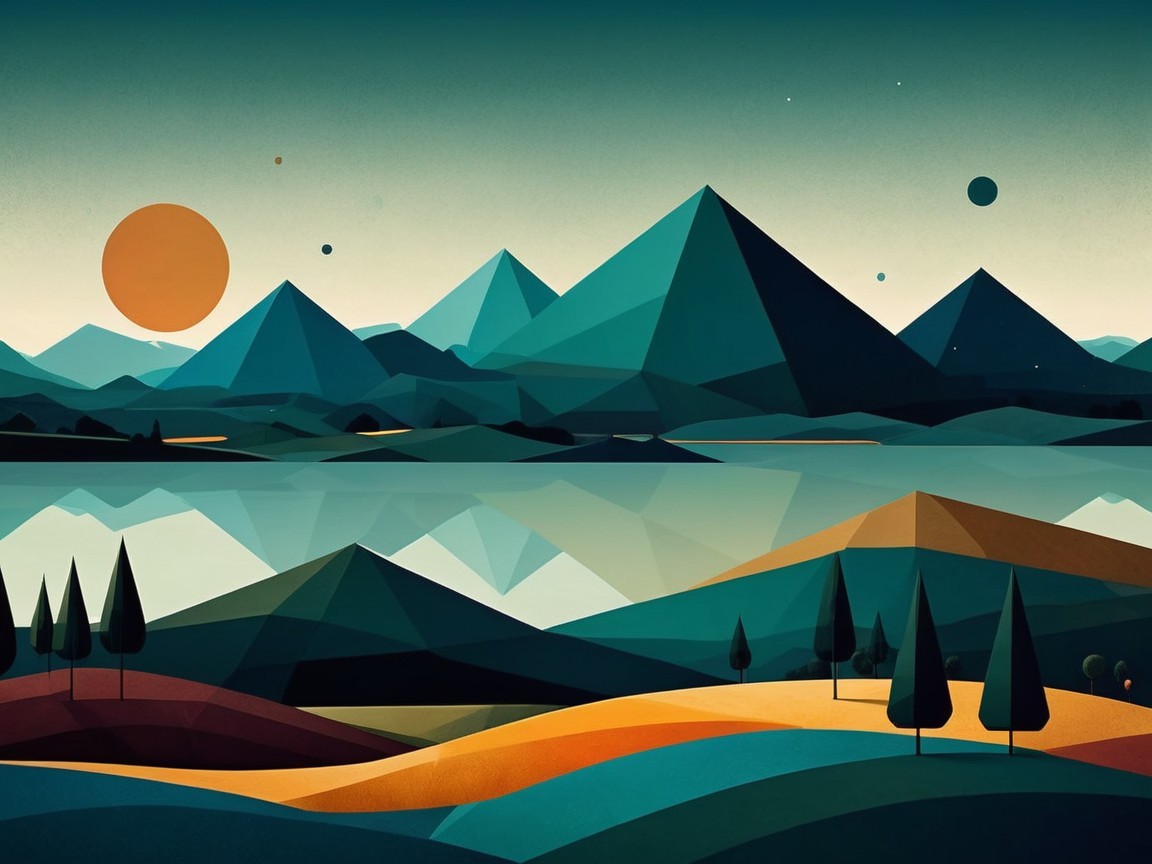 Abstract Geometric Landscape with Calm Lake Reflection