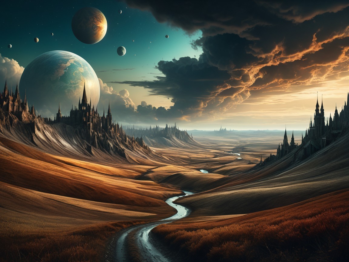 Alien Landscape with Mountains, Rivers, and Castles