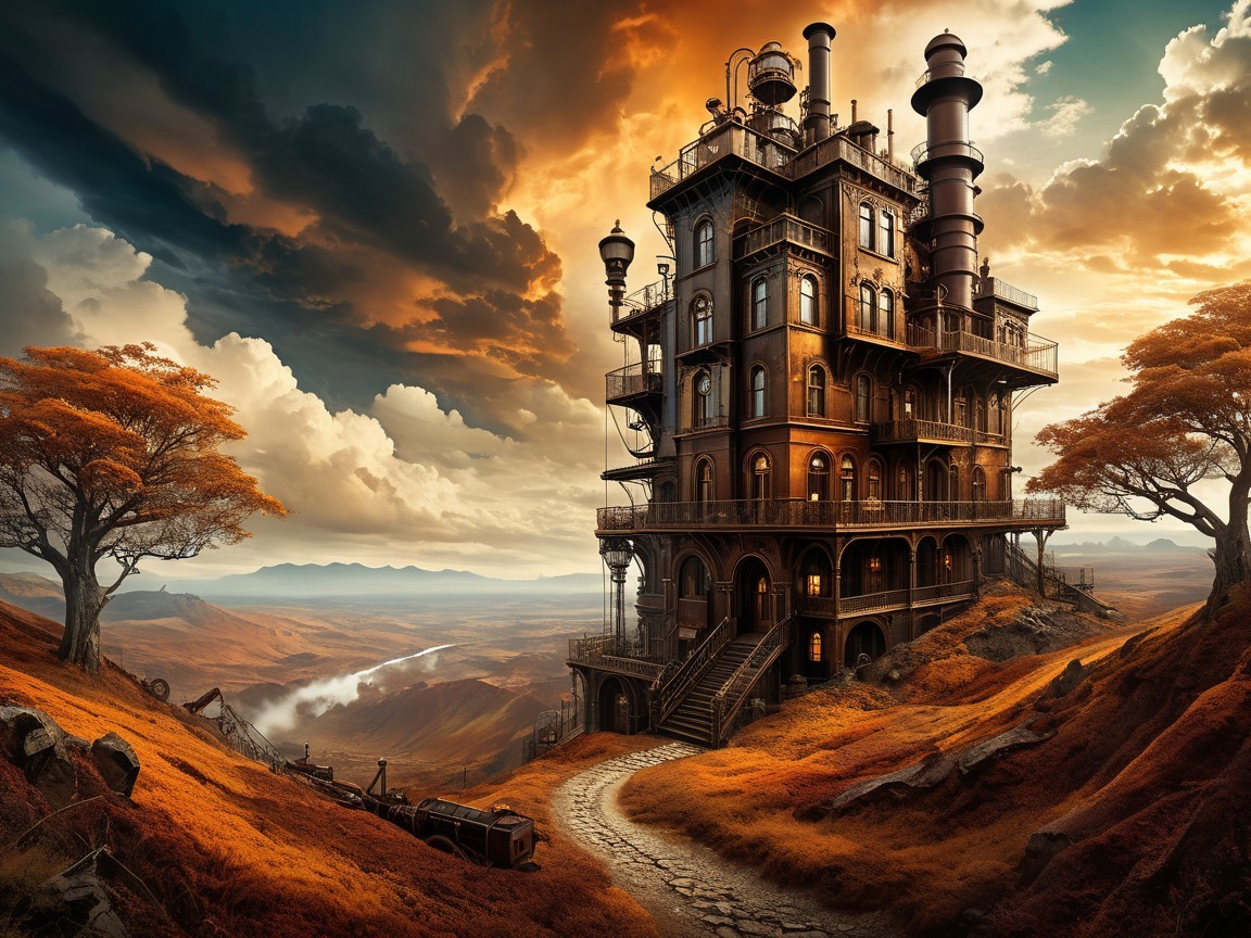 Multi-storied mansion on a hill with autumn trees